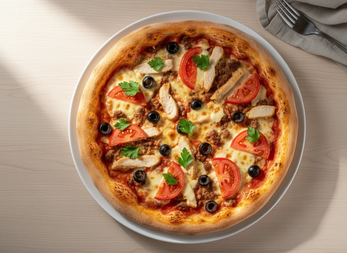 Пицца с курицей, фаршем и овощами photo