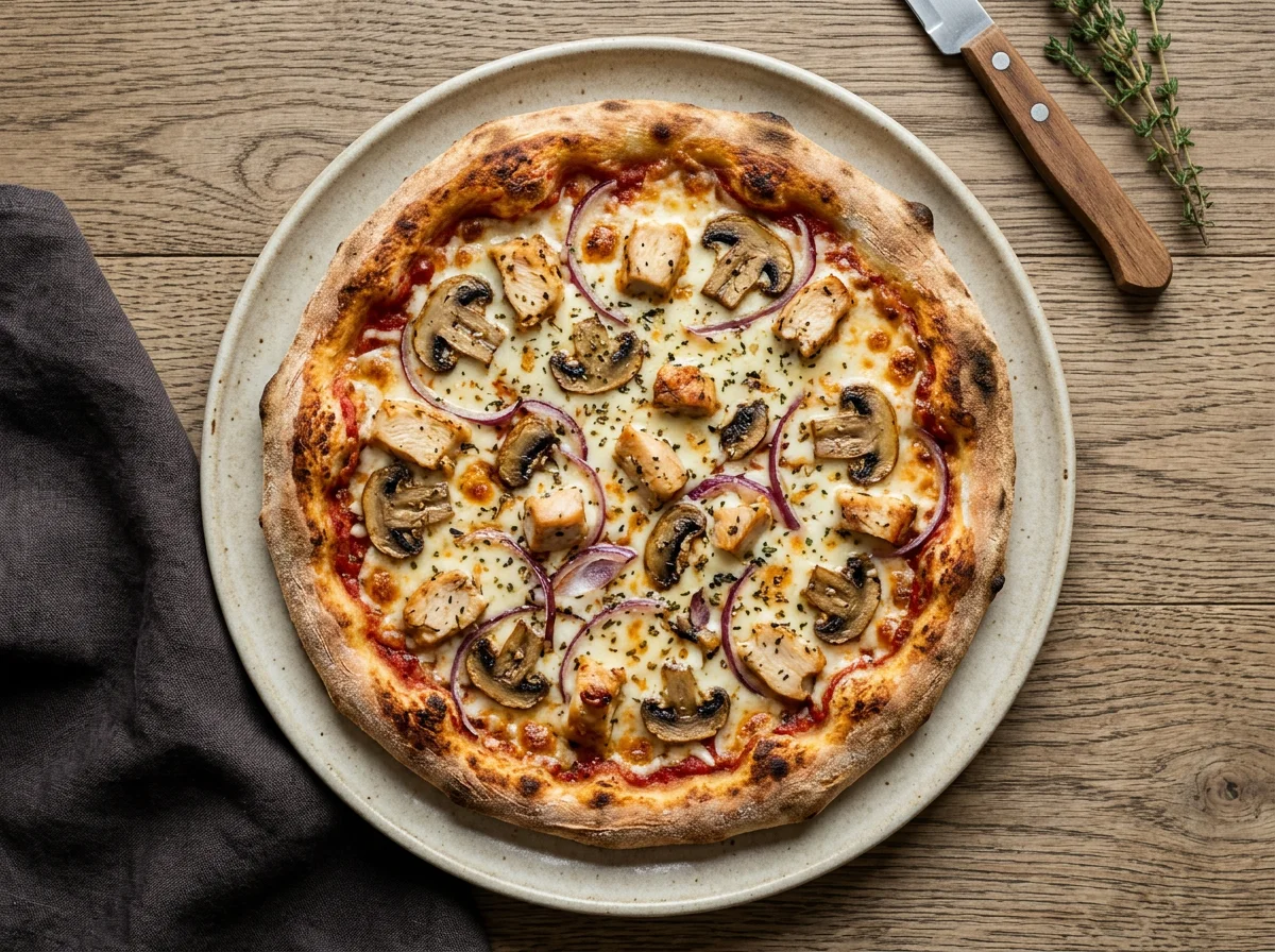 Пицца с курицей, грибами и луком photo