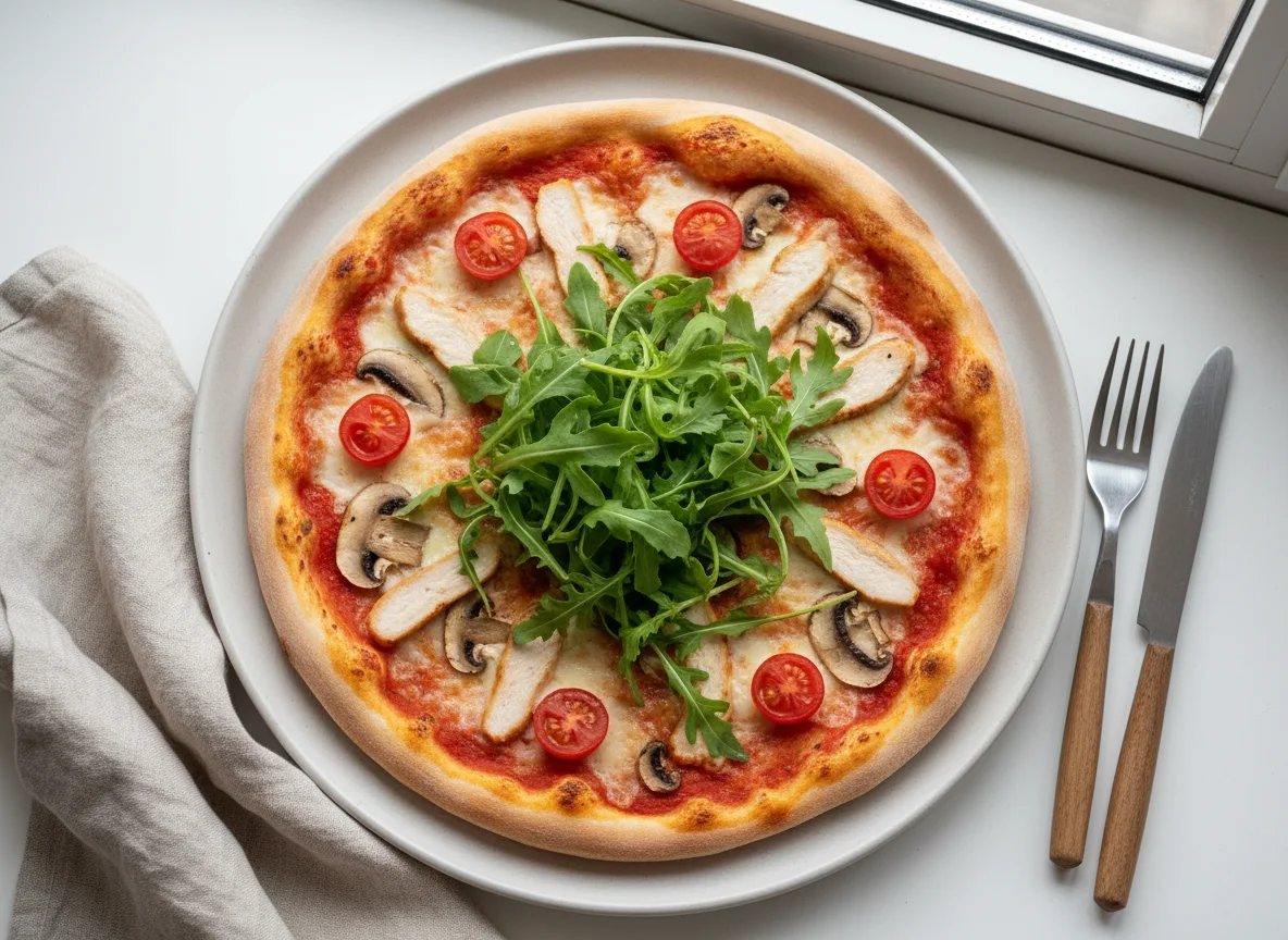 Пицца с курицей, грибами и рукколой photo