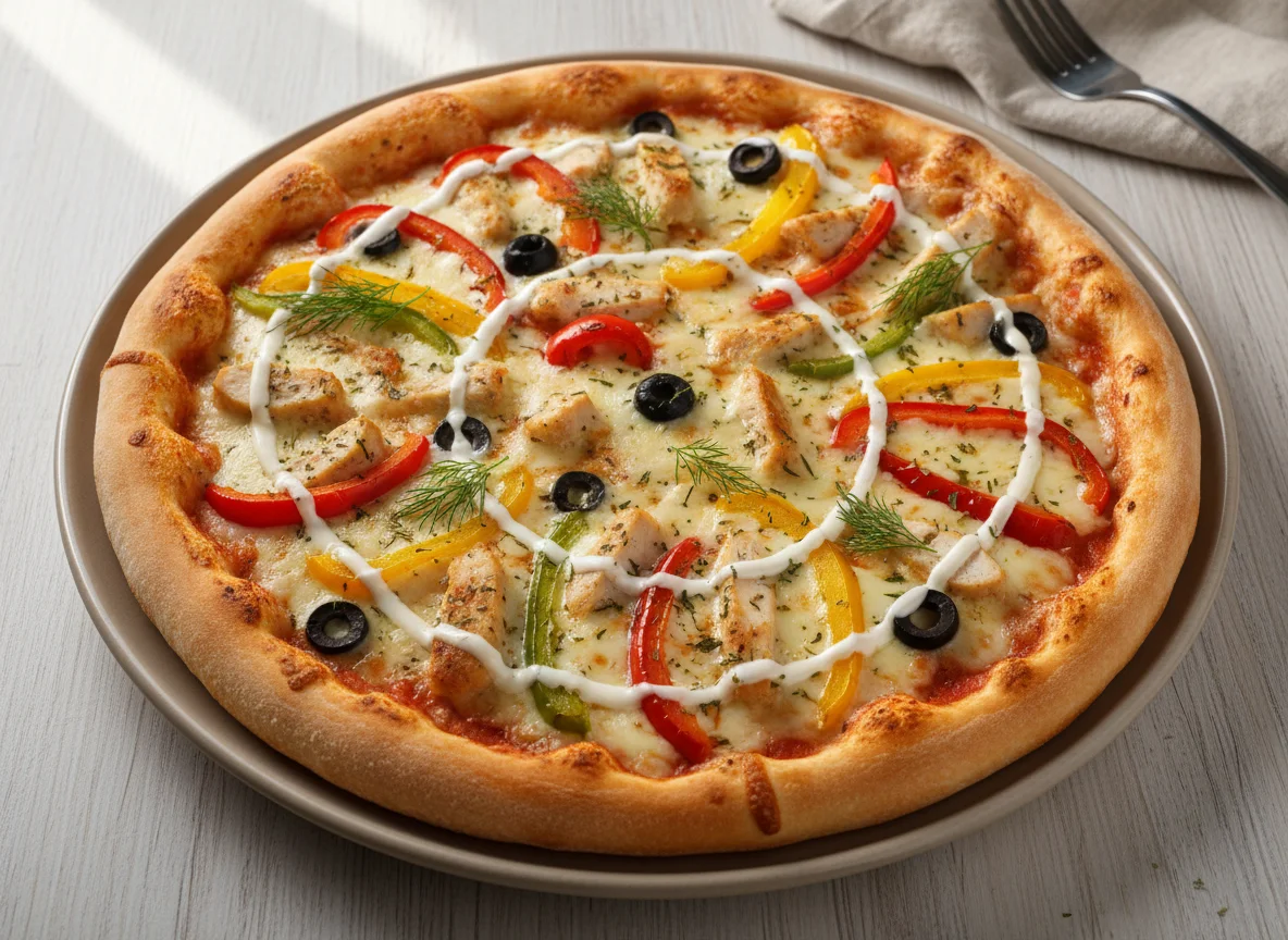 Пицца с курицей и овощами photo