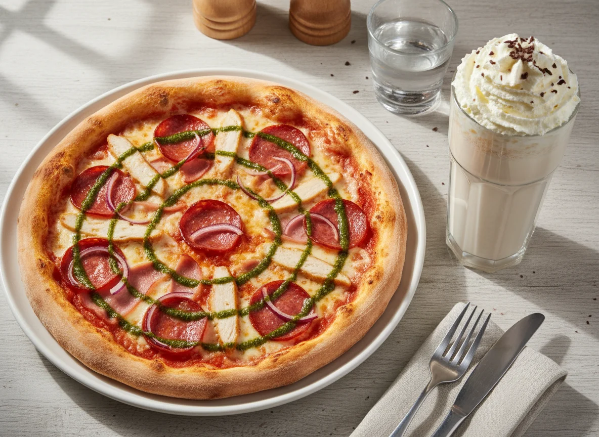 Пицца с курицей и пепперони и молочный коктейль photo