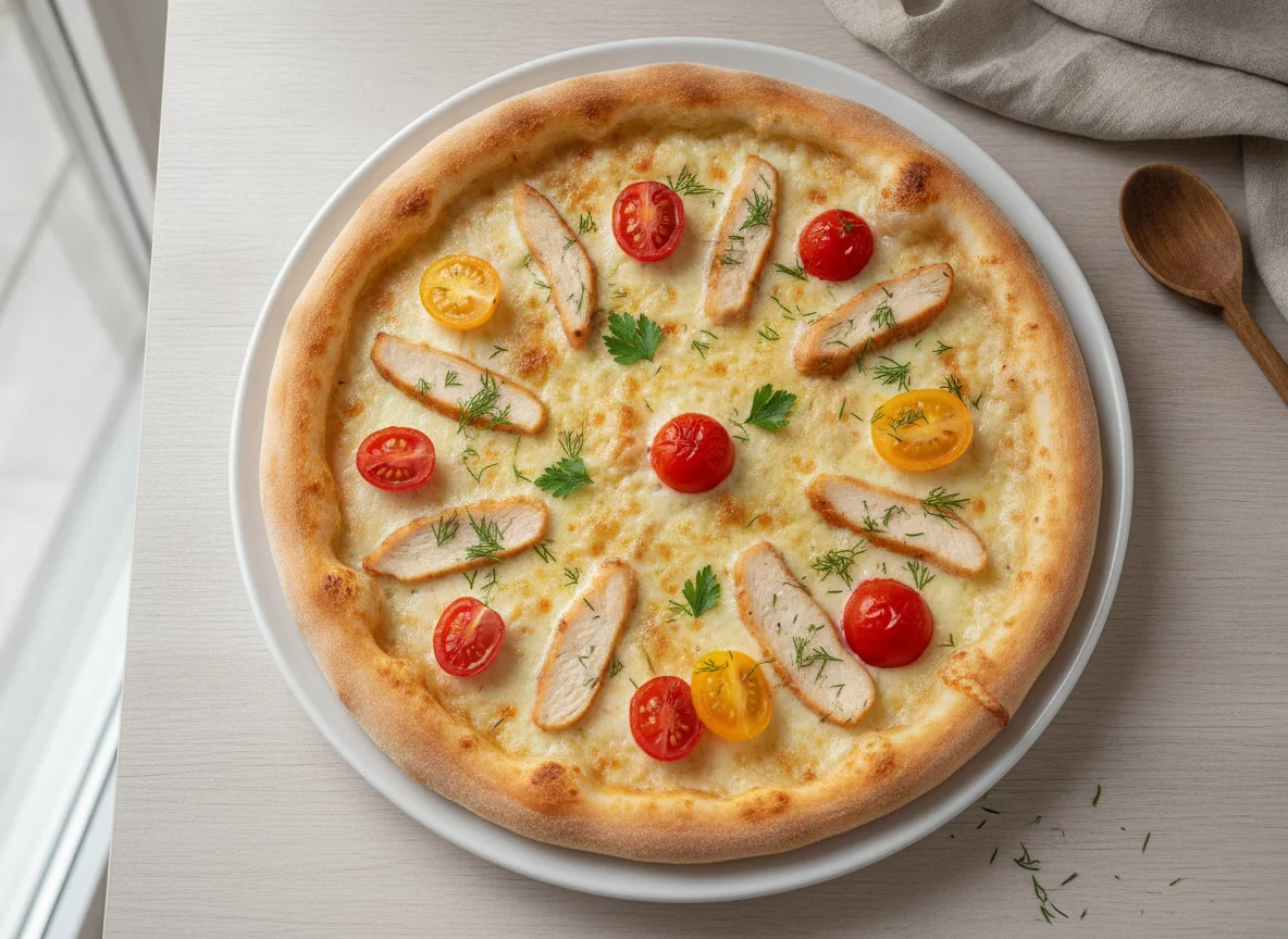 Пицца с курицей и помидорами photo
