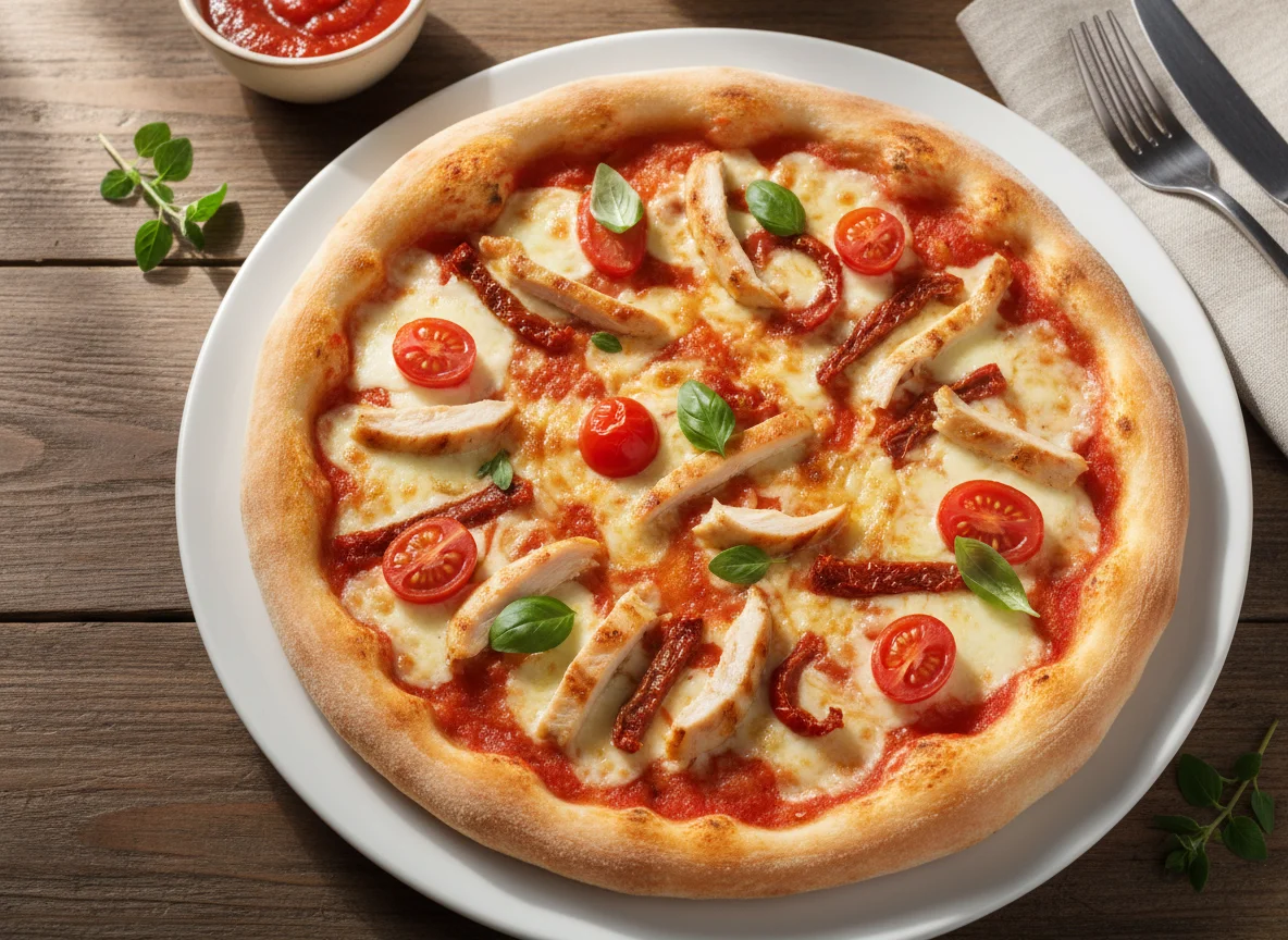 Пицца с курицей и томатами photo