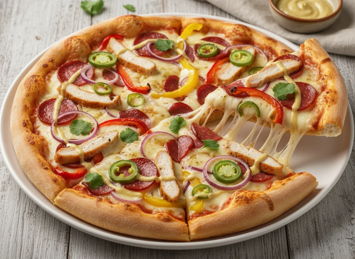 Пицца с курицей, пепперони и халапеньо photo