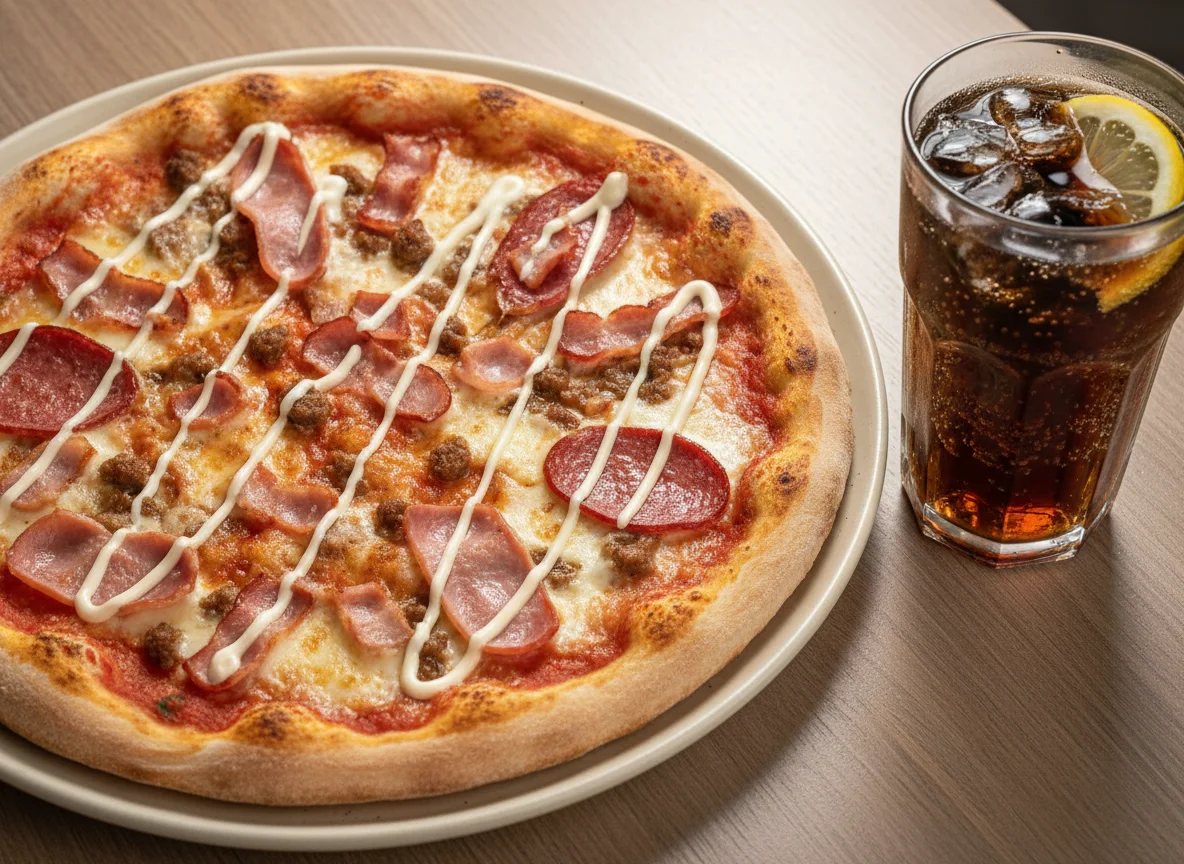 Пицца с мясом и газировка photo