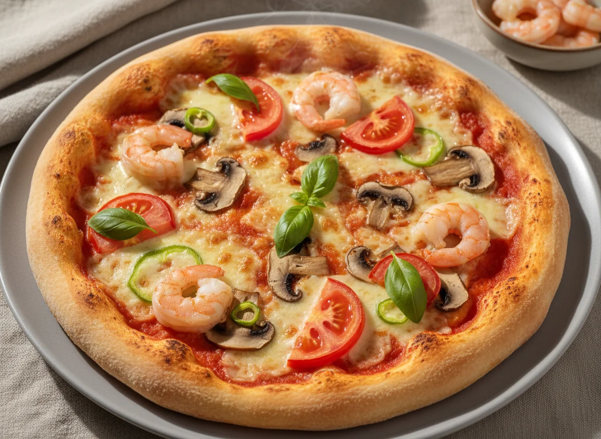 Пицца с морепродуктами и грибами photo