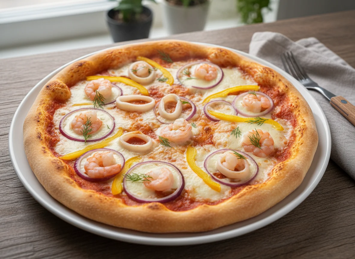 Пицца с морепродуктами и овощами photo