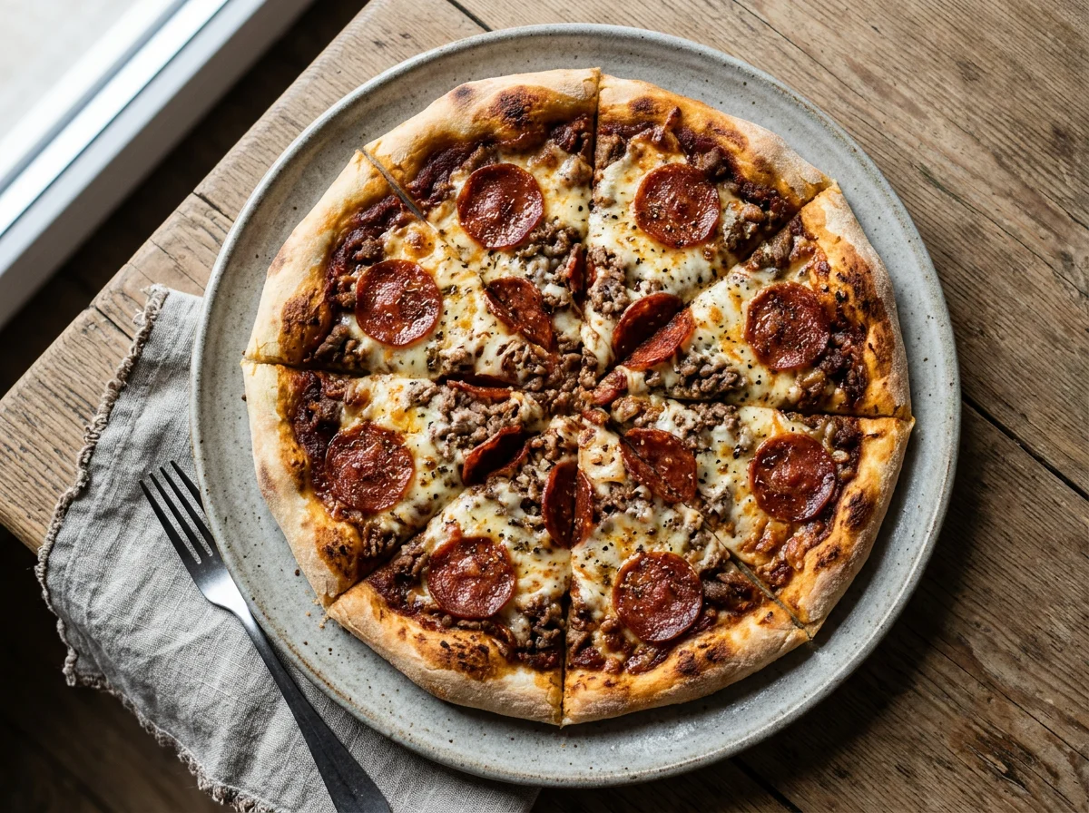 Пицца с пепперони и мясным фаршем photo