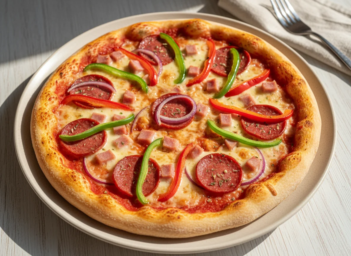 Пицца с пепперони и овощами photo