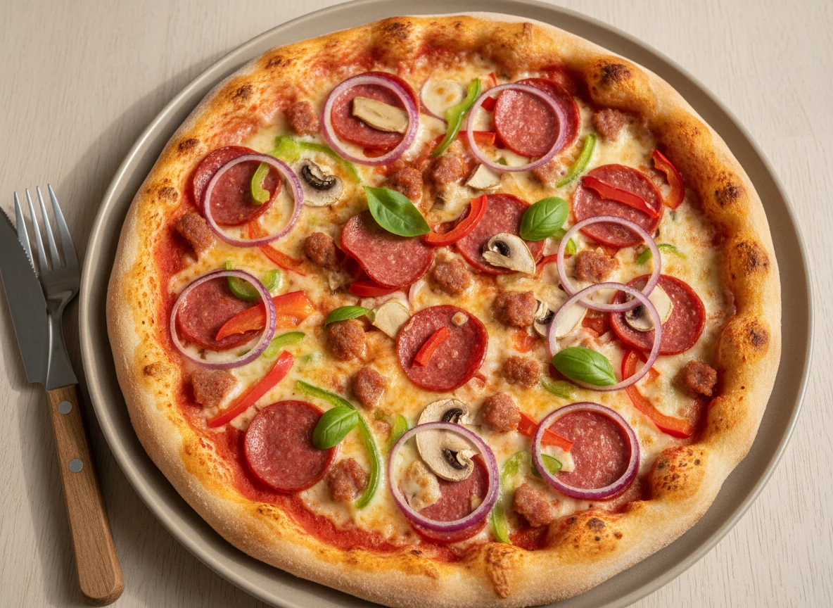 Пицца с пепперони, колбасой и овощами photo