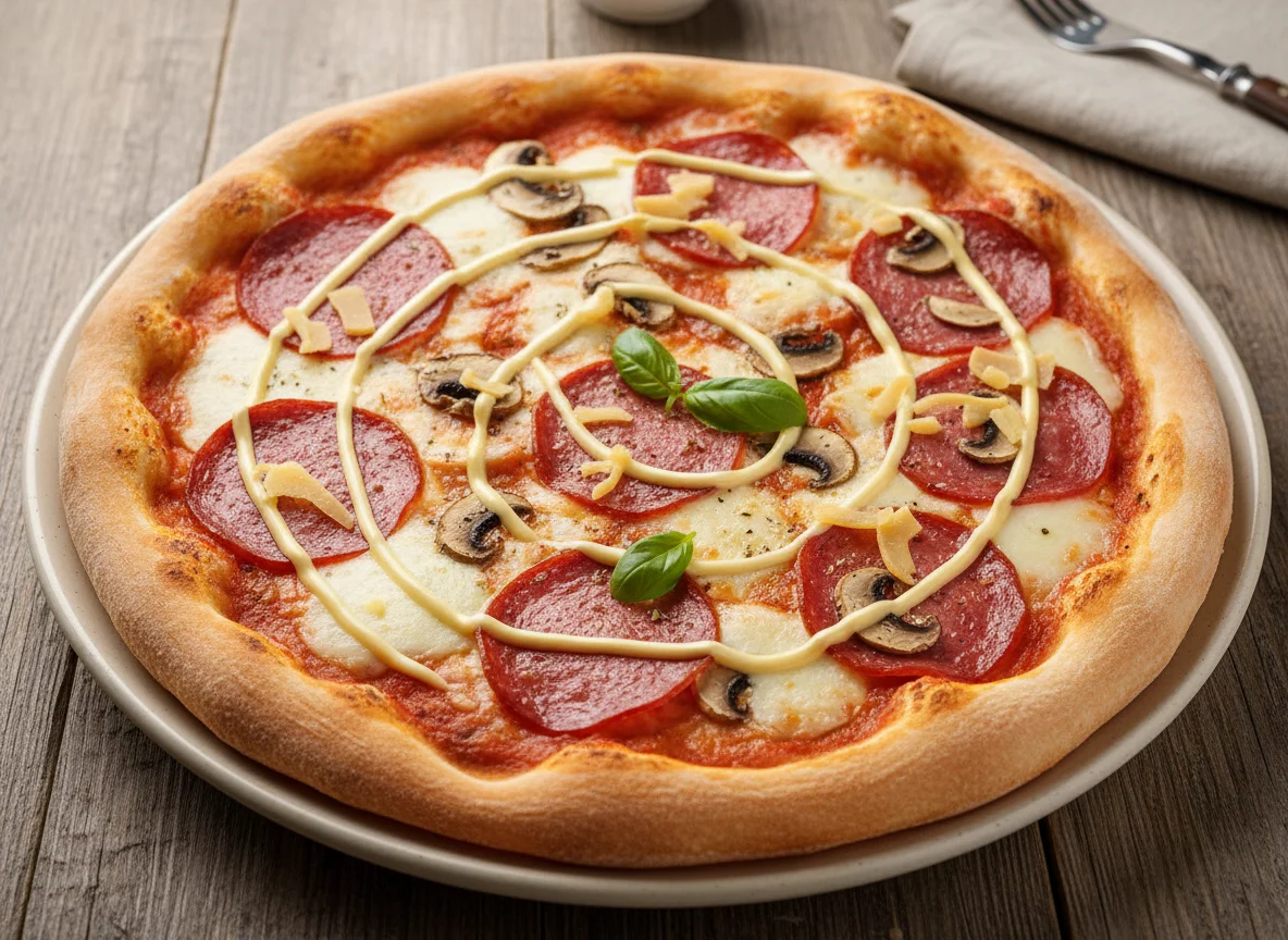 Пицца с салями, грибами и сыром photo