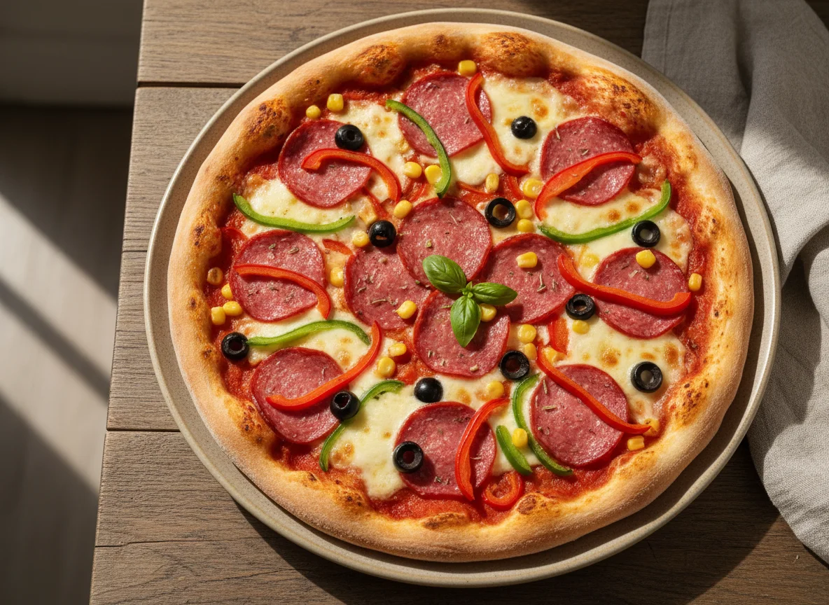 Пицца с салями и овощами photo