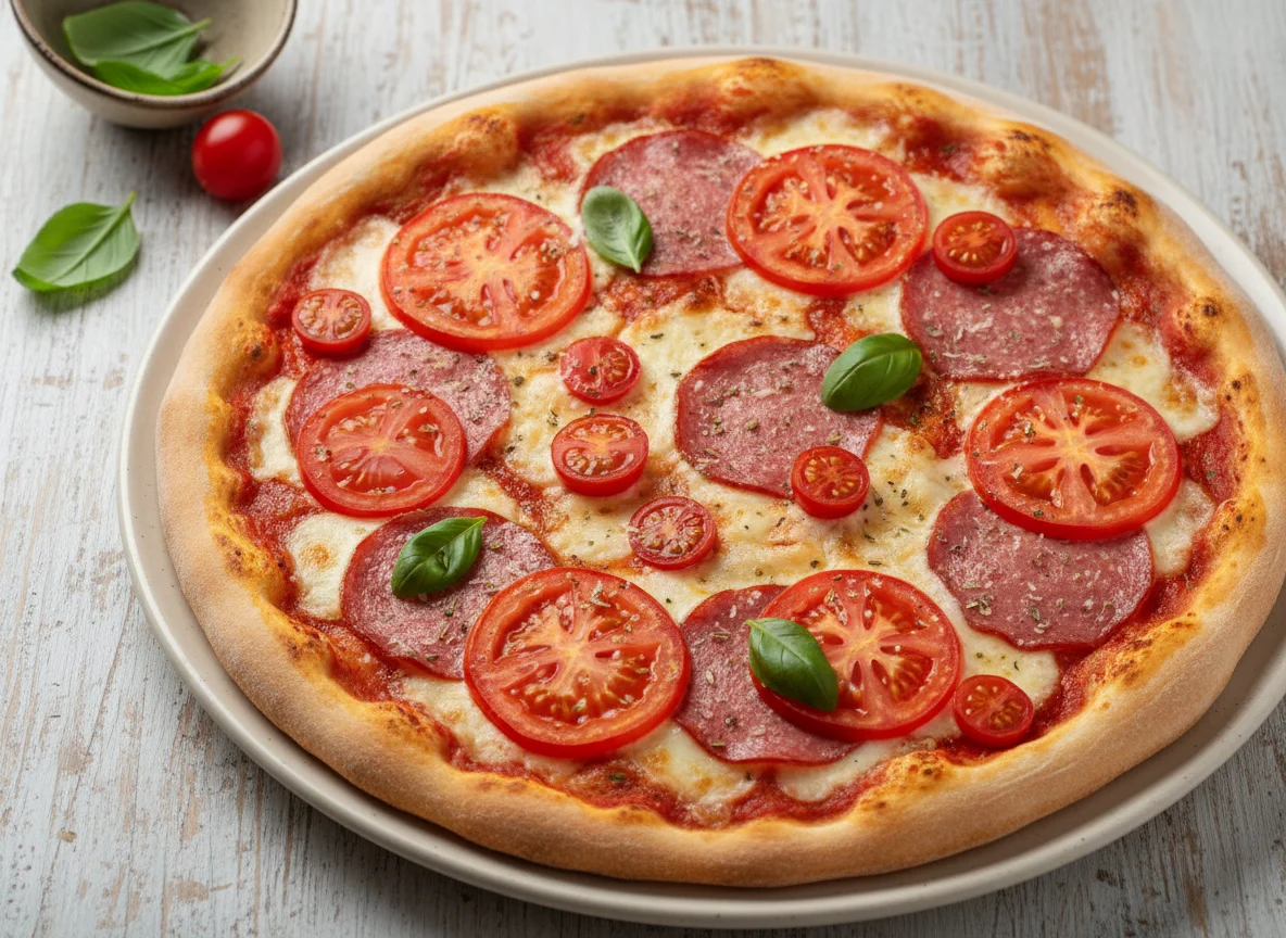 Пицца с салями и томатами photo