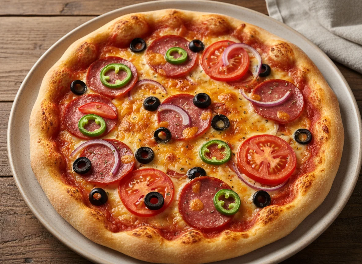 Пицца с салями, оливками и халапеньо photo