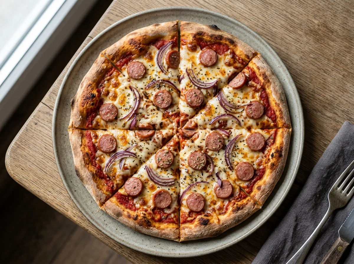 Пицца с сосисками и красным луком photo