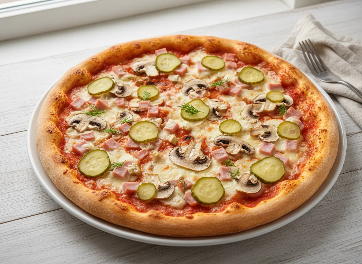 Пицца с ветчиной, грибами и огурцами photo