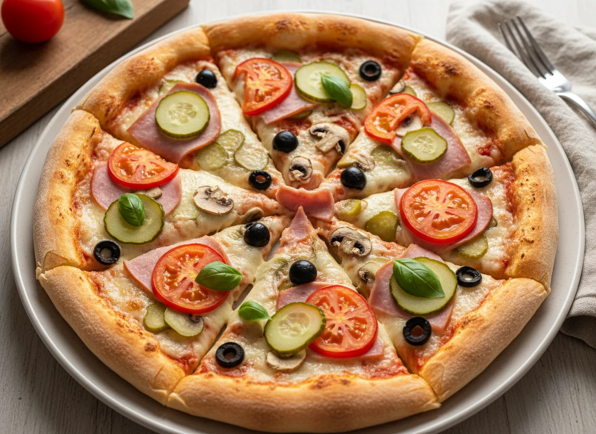 Пицца с ветчиной, грибами и оливками photo