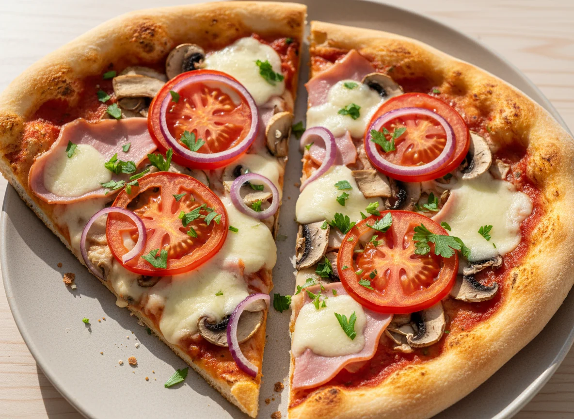 Пицца с ветчиной, грибами и помидорами (2 куска) photo