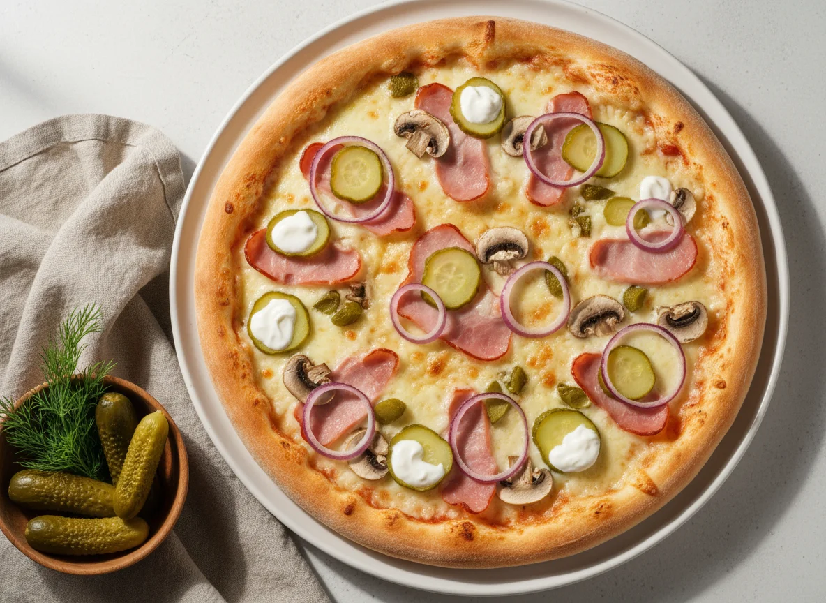 Пицца с ветчиной, грибами и солеными огурцами photo