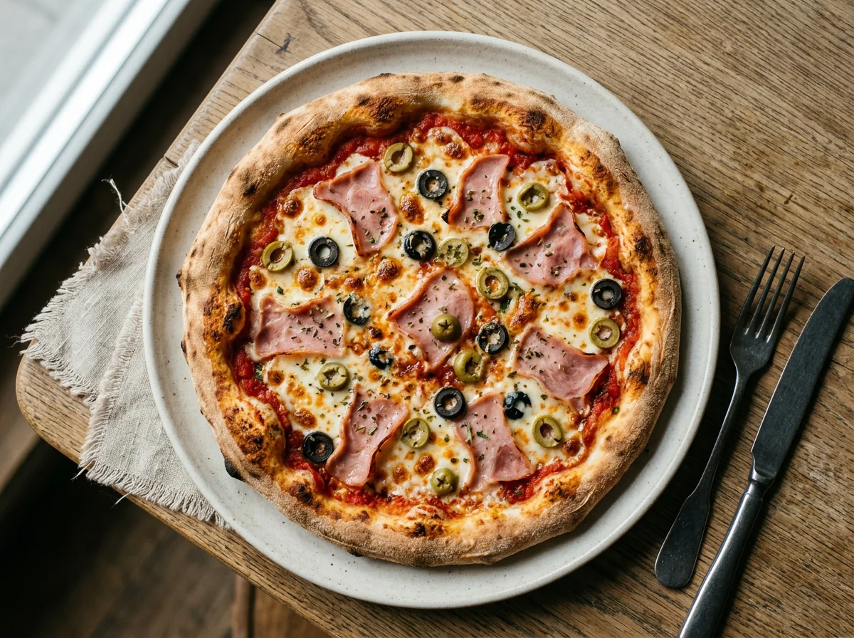 Пицца с ветчиной и оливками photo