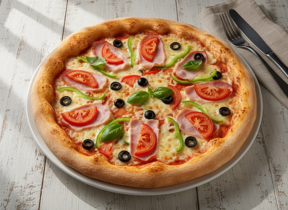 Пицца с ветчиной и овощами photo