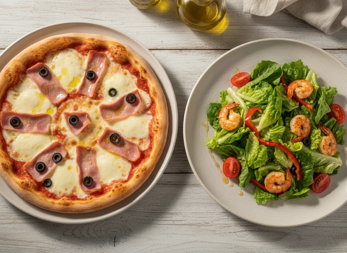 Пицца с ветчиной и салат с креветками photo