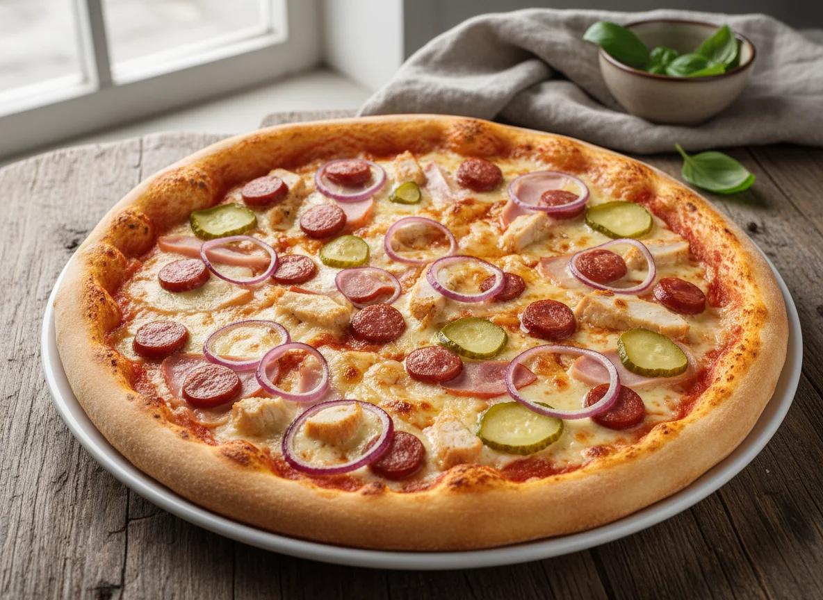 Пицца с ветчиной, колбасой, курицей, маринованными огурцами и луком photo