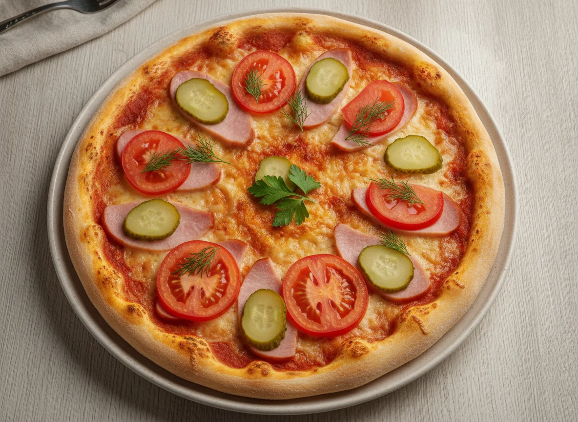 Пицца с ветчиной, помидорами и маринованными огурцами photo
