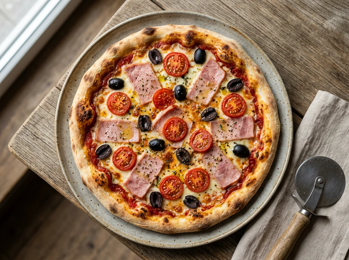 Пицца с ветчиной, помидорами и оливками photo