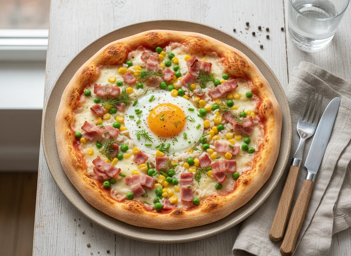 Пицца с ветчиной, рисом и овощами photo