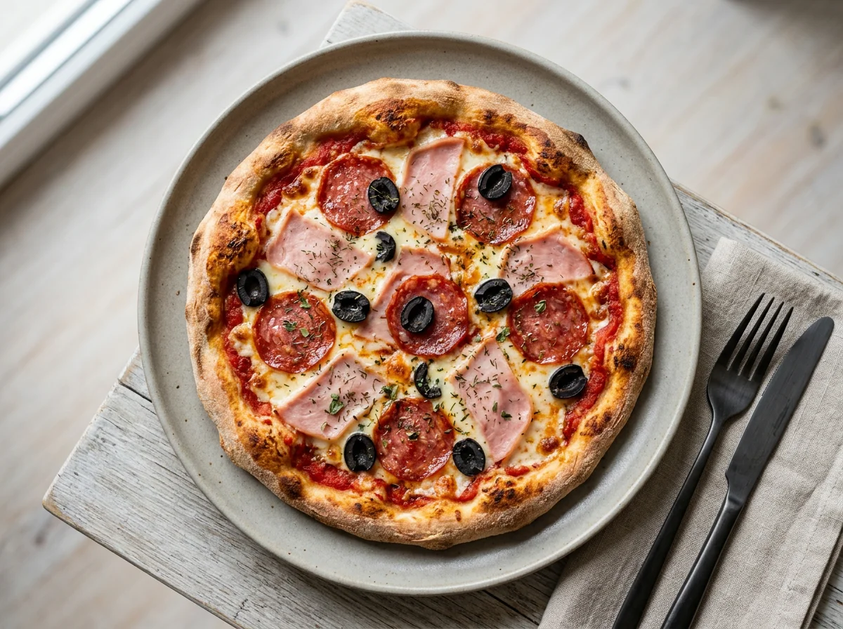 Пицца с ветчиной, салями и оливками photo