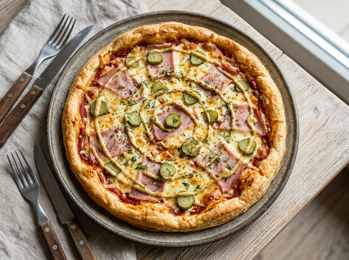 Пицца с ветчиной, сыром и огурцами photo