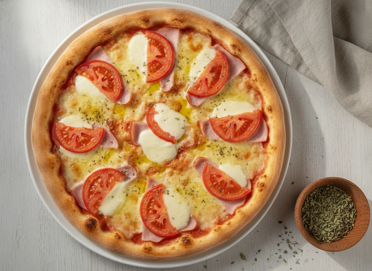 Пицца с ветчиной, сыром и помидорами photo