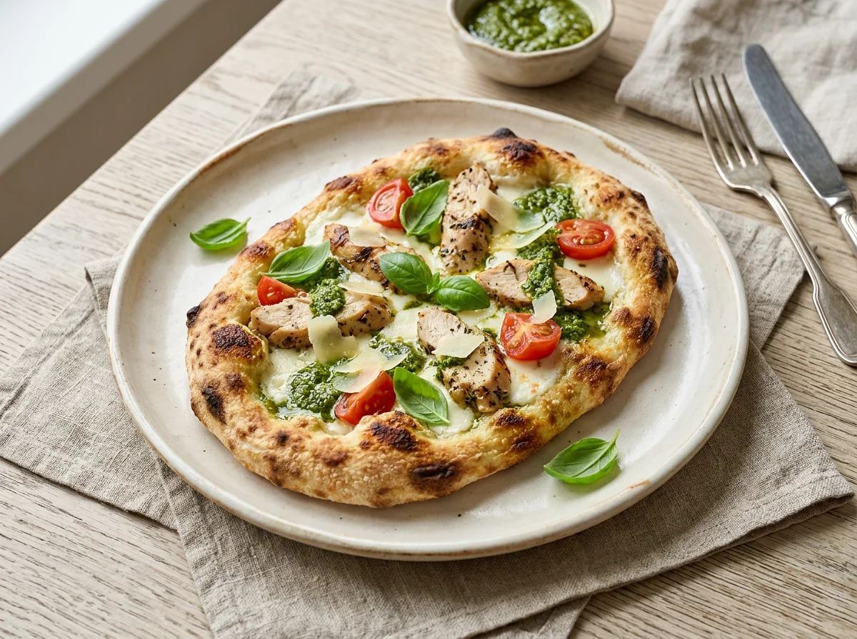 Пиццетта с цыплёнком и соусом песто photo