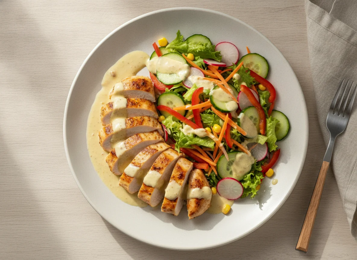 Пикантная курочка с зеленым салатом photo