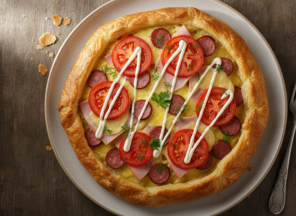 Пирог из слоеного теста с колбасой, сыром и овощами photo