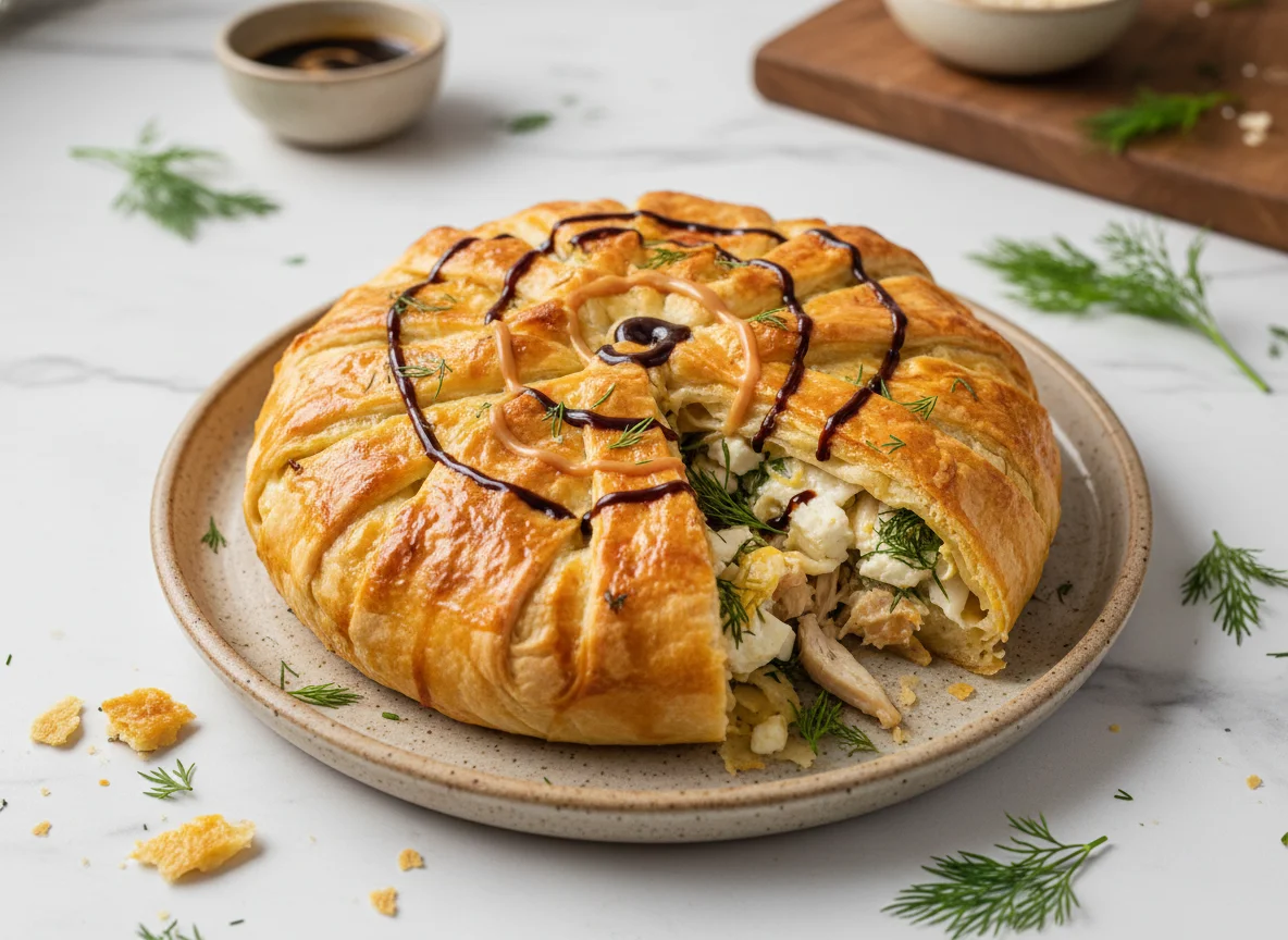 Пирог с курицей, сыром и зеленью photo