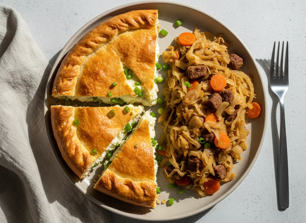 Пирог с сыром и тушеная капуста с мясом photo