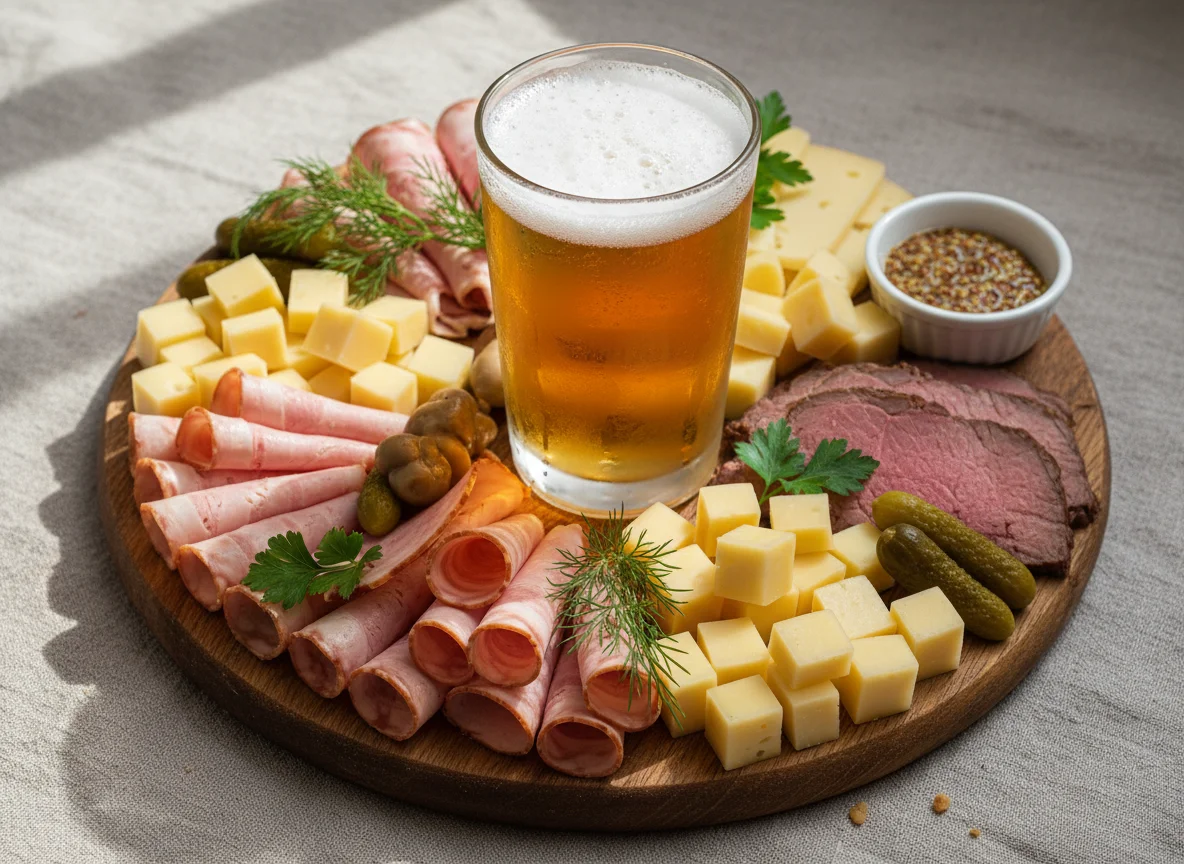 Пиво с мясной и сырной нарезкой photo