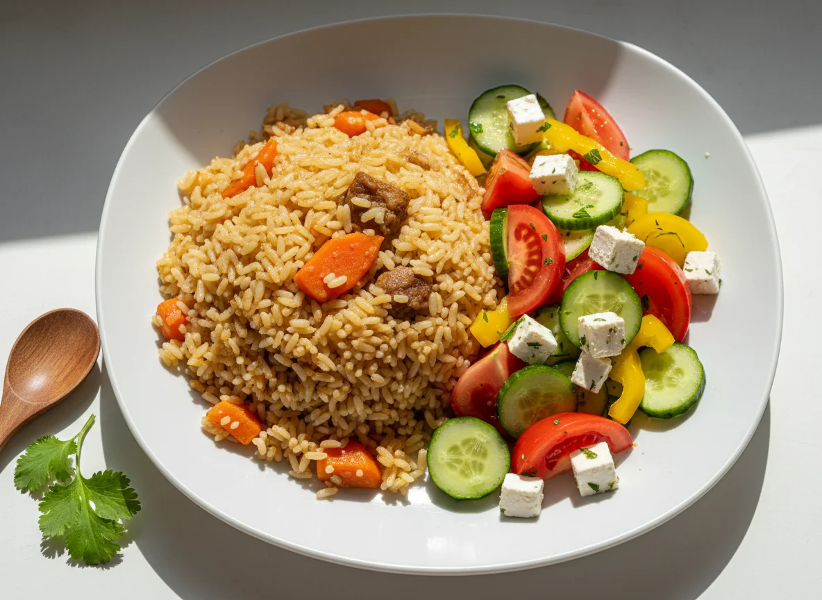 Плов и овощной салат photo