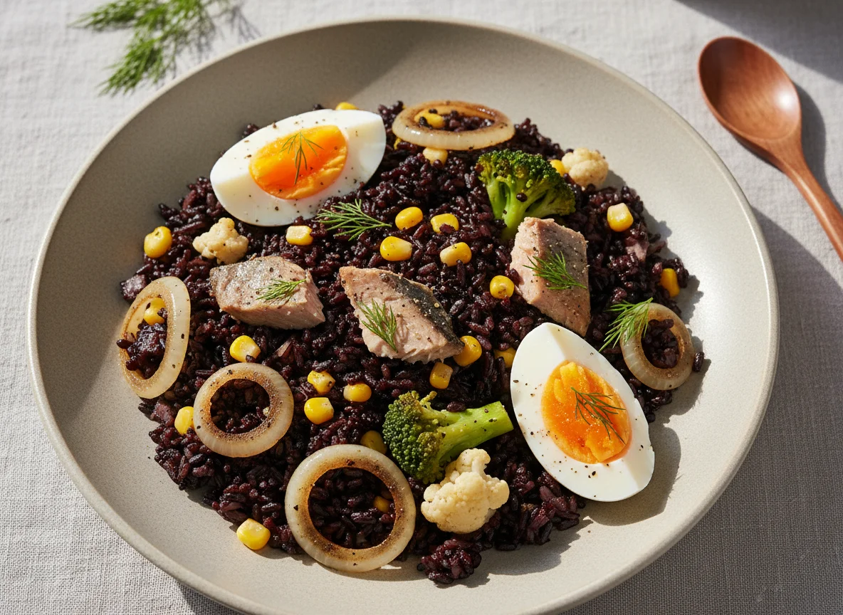 Плов из черного риса с овощами, рыбой и яйцами photo