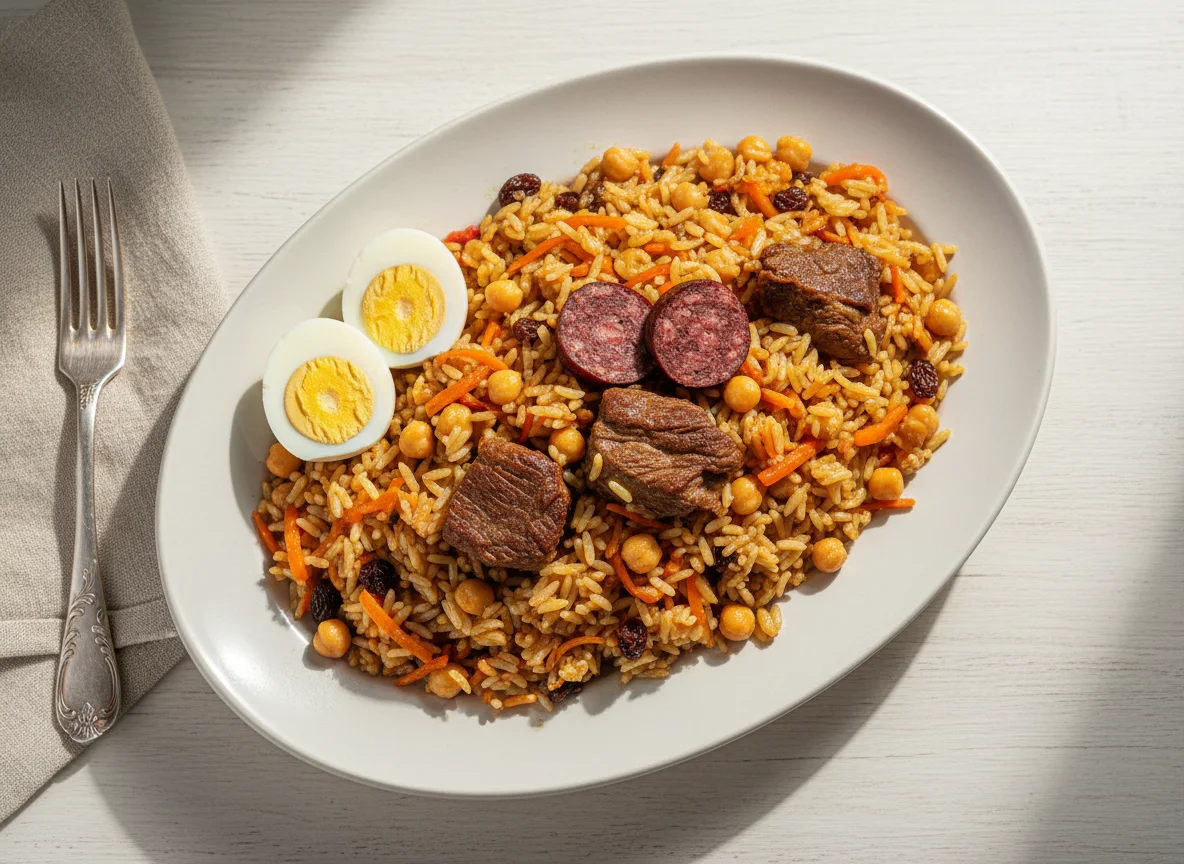 Плов по-узбекски с казы и яйцами photo