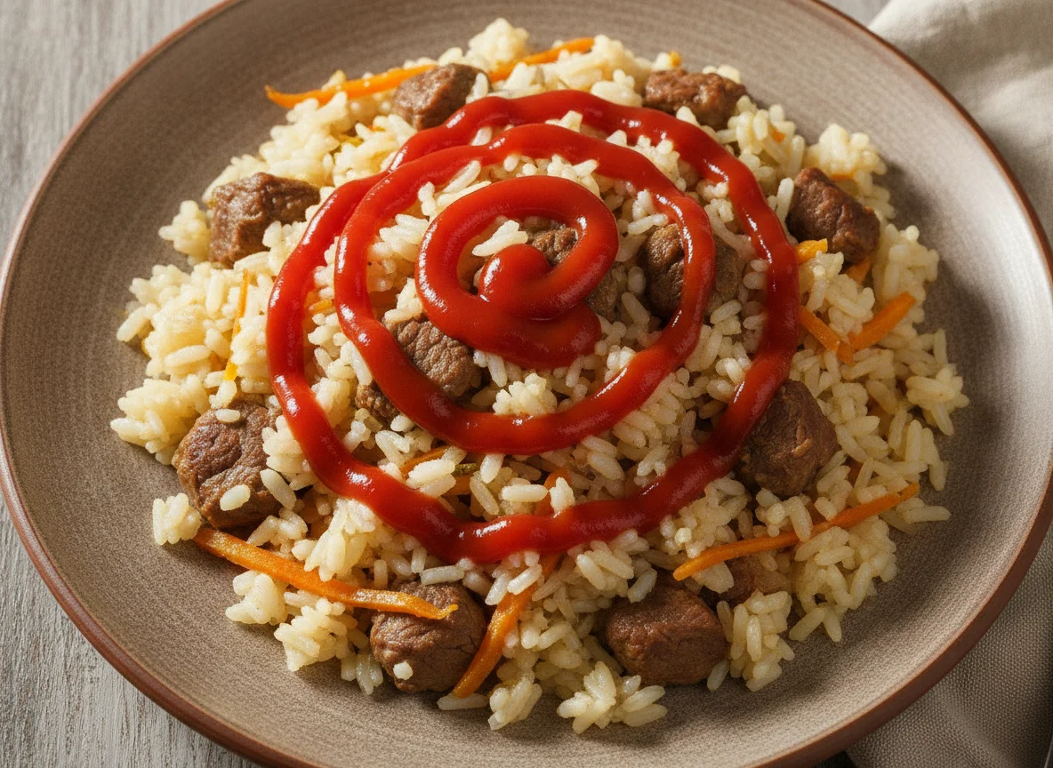 Плов с говядиной и кетчупом photo