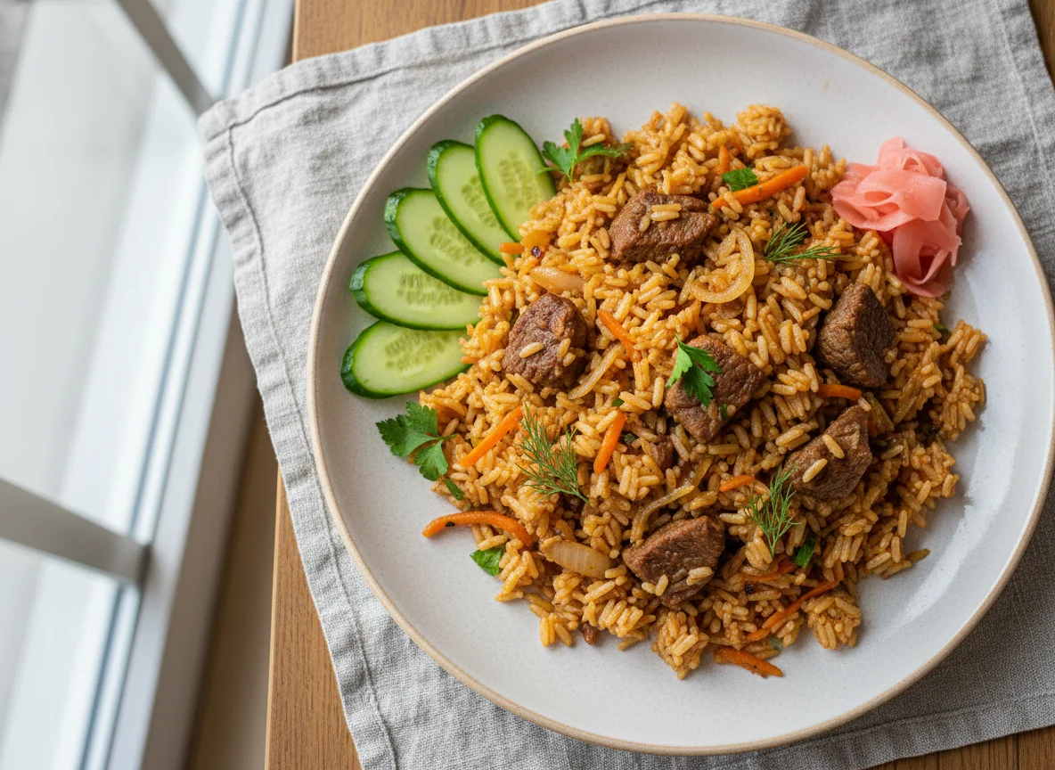 Плов с говядиной и огурцами photo