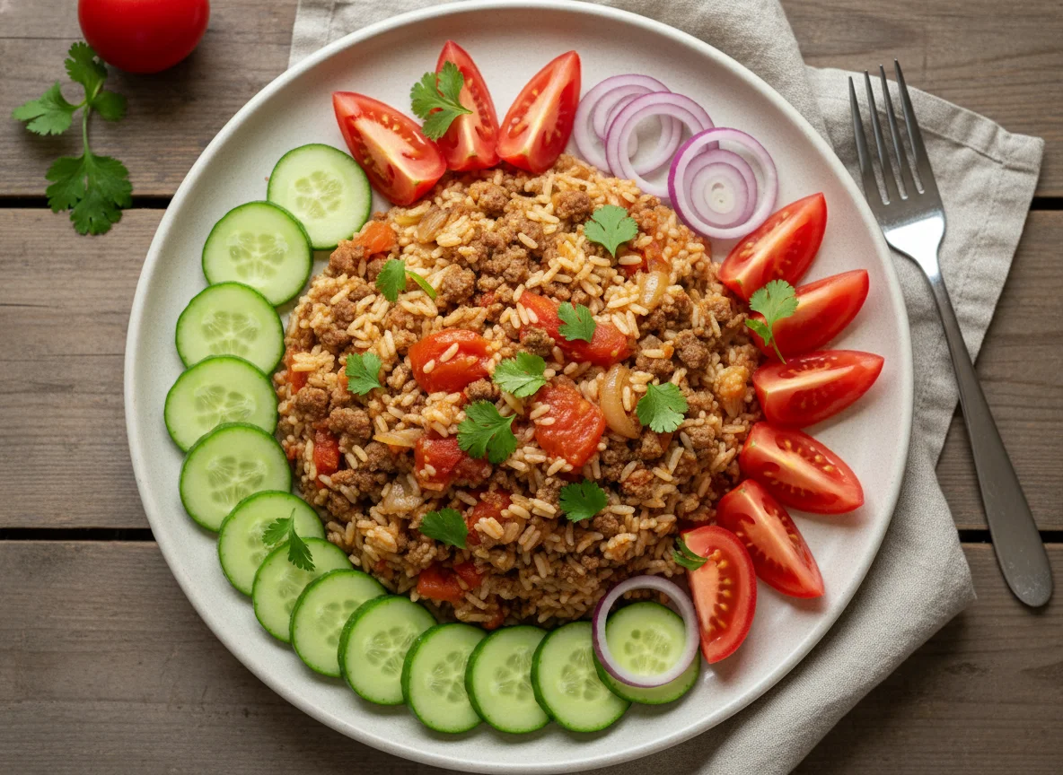 Плов с говядиной и овощами, свежие овощи photo