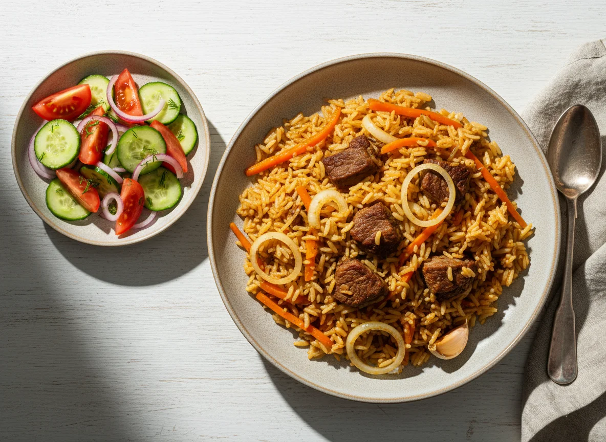 Плов с говядиной и салат Ачичук photo