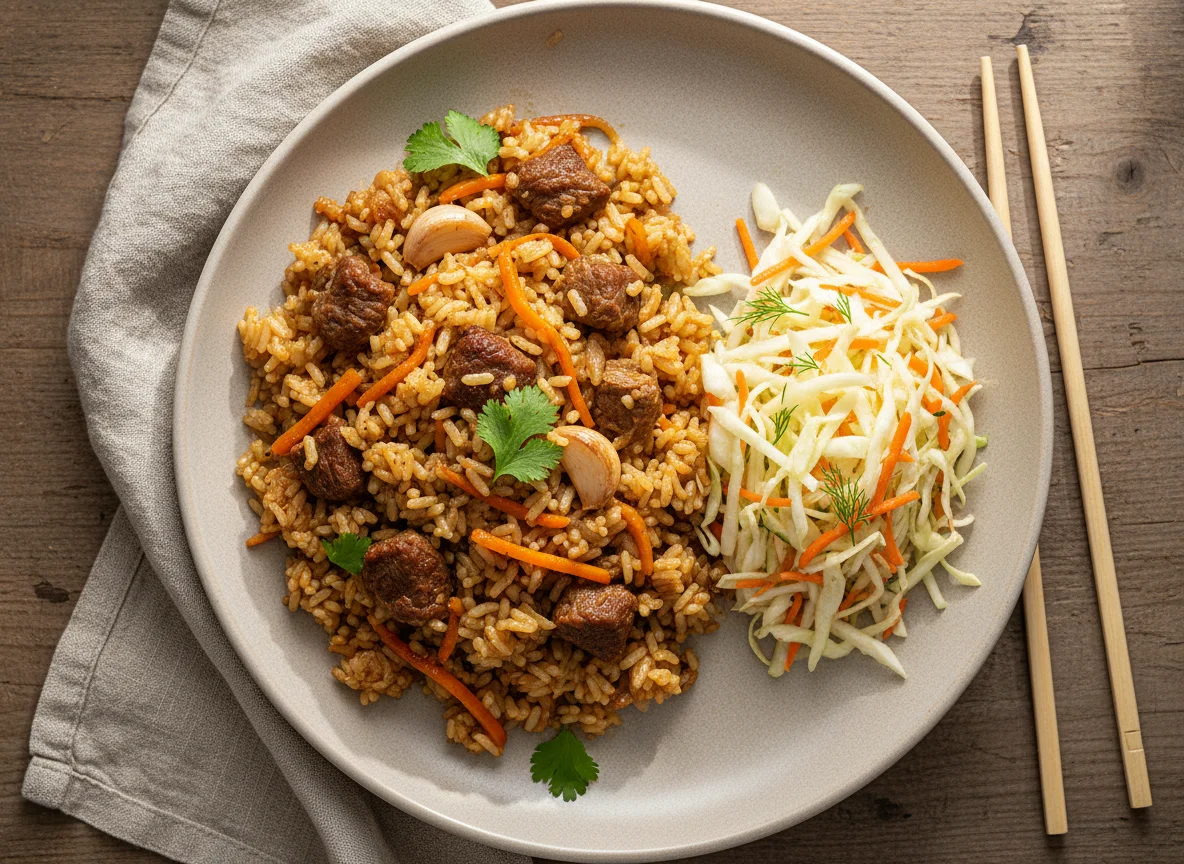 Плов с говядиной и салат из капусты photo