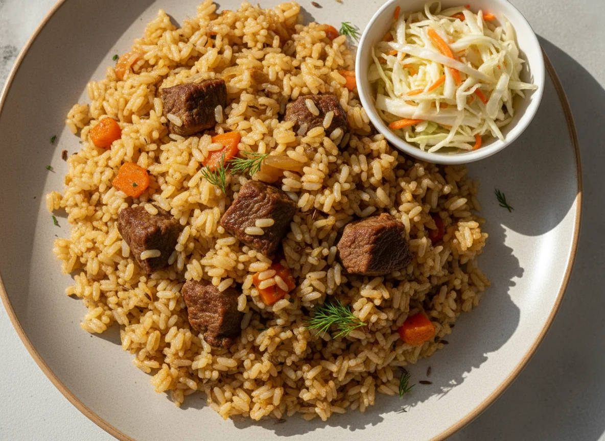 Плов с говядиной и салатом из капусты photo