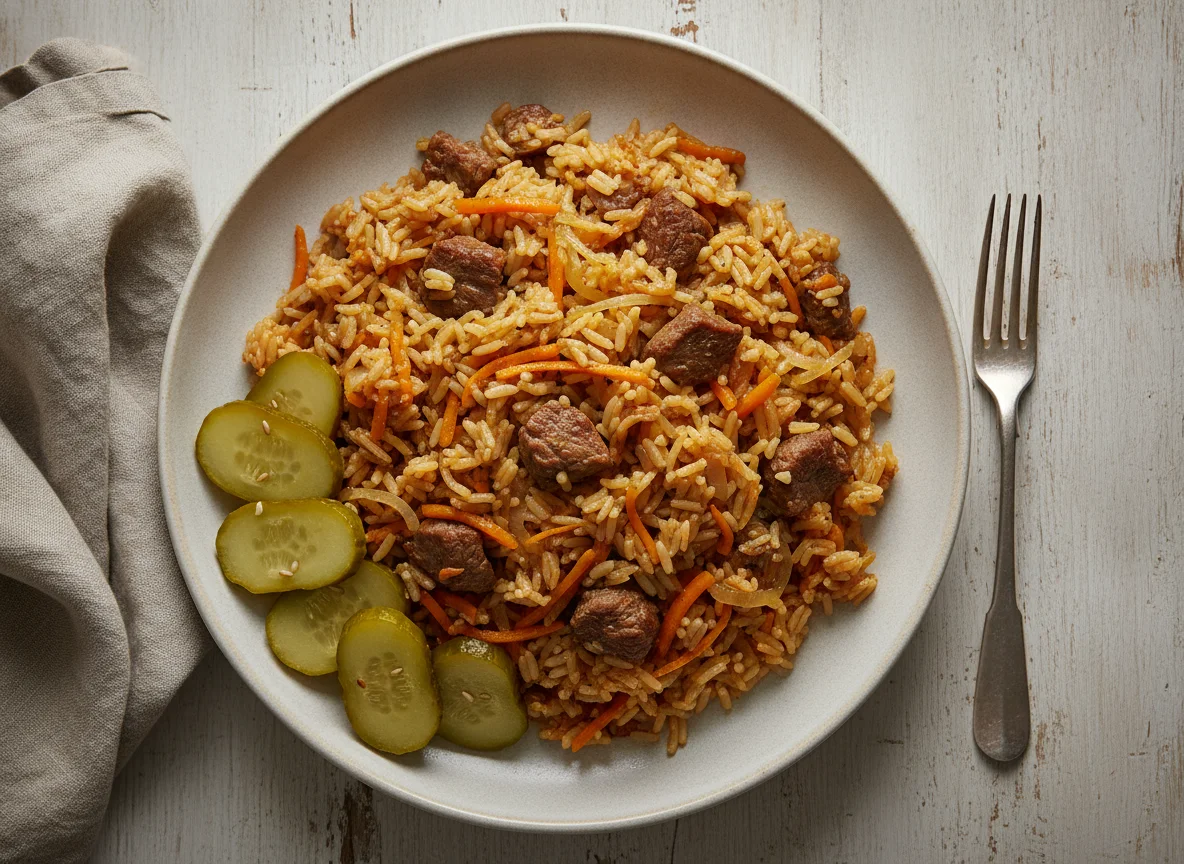 Плов с говядиной и солеными огурцами photo