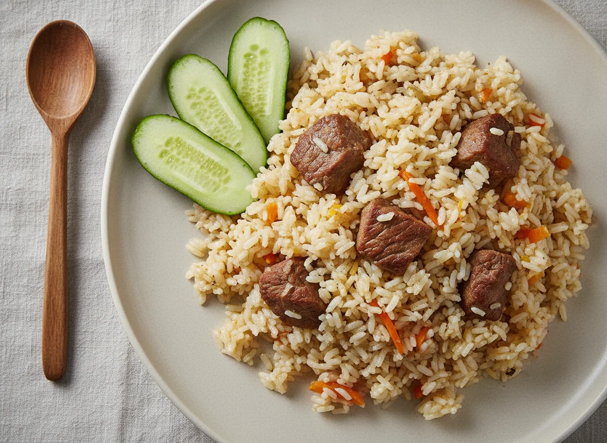 Плов с говядиной и свежими огурцами photo